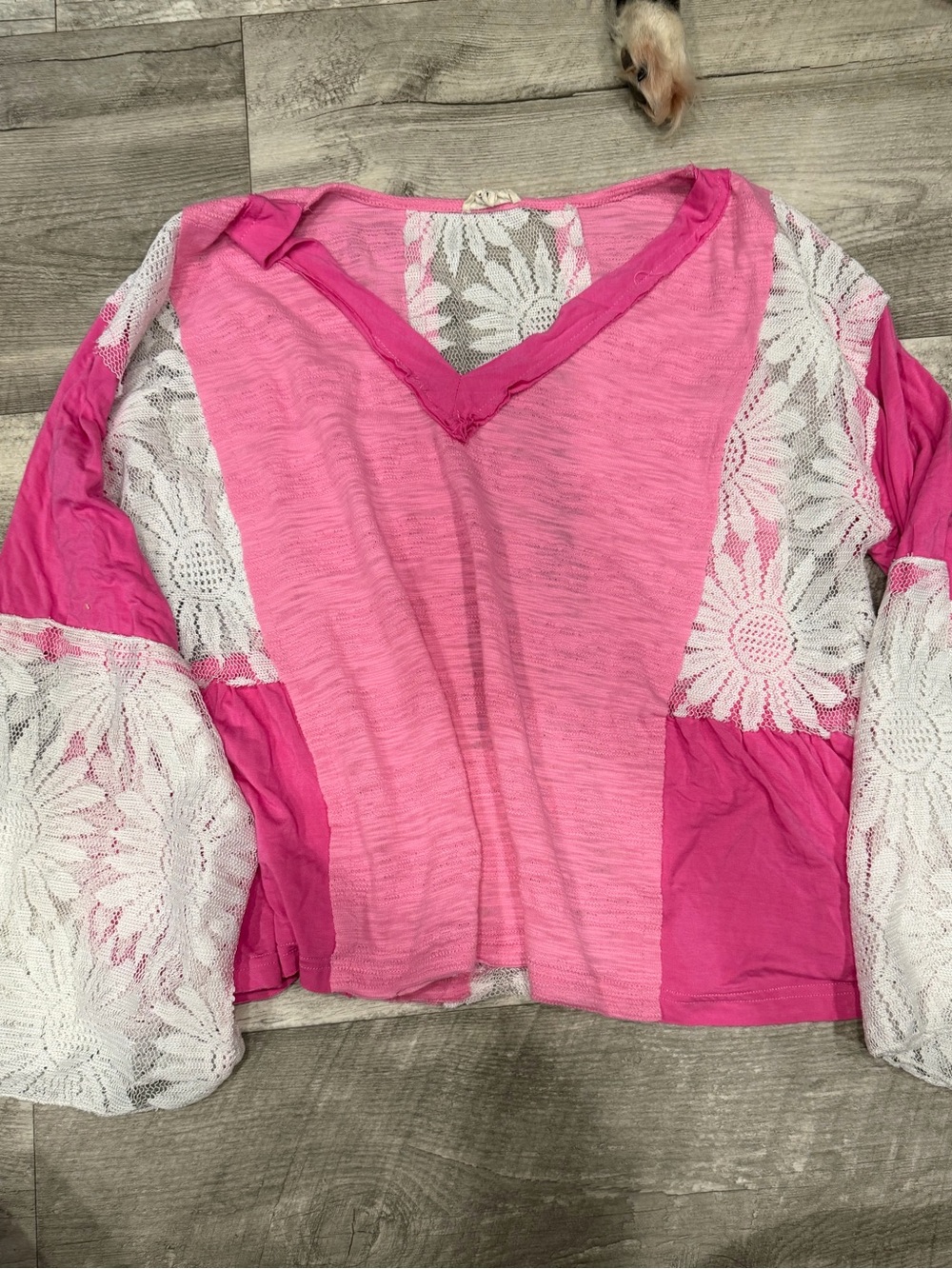 POL Boho Pink Lace Panel V-Neck Top